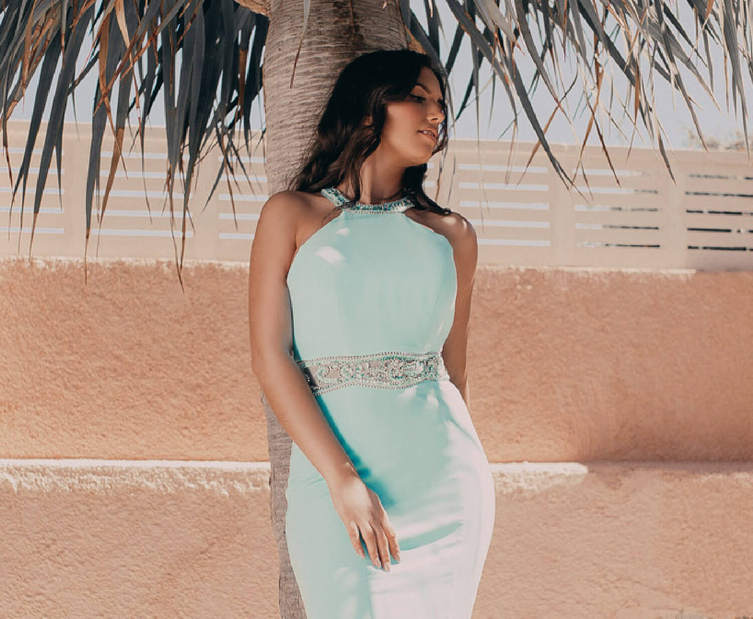 Model wrearing a light blue special occasion dress